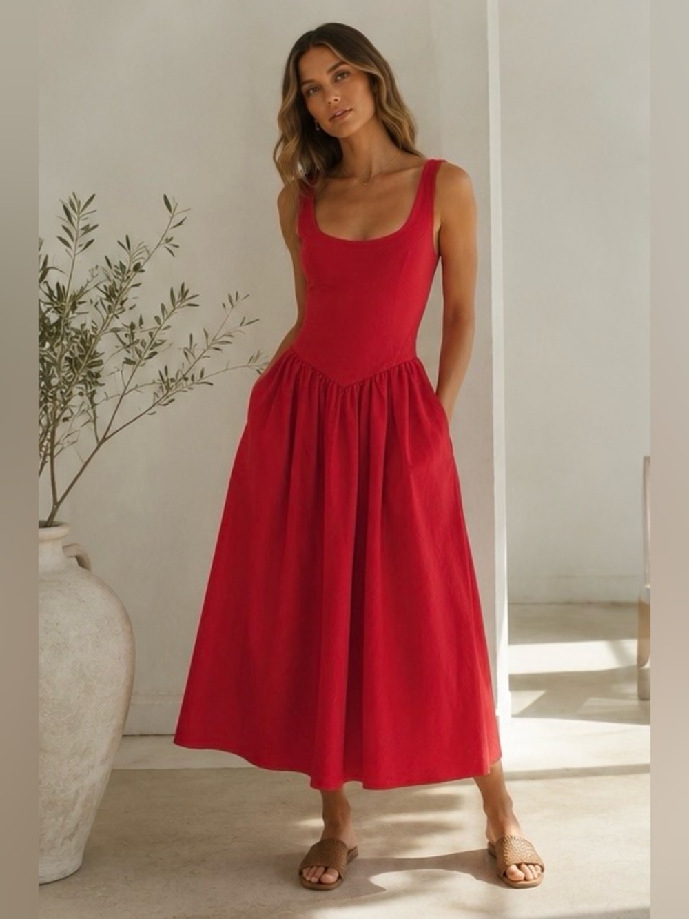 Anthropologie Nation Los Angeles Fiona Heartbeat Red Pima Cotton Midi Dress NWT